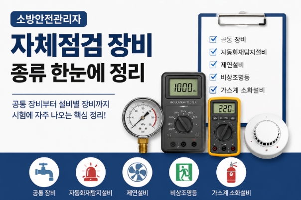 소방안전관리자, 자체점검장비, 소방시설점검, 소방안전관리자시험, 방수압력측정계, 자동화재탐지설비, 제연설비-썸네일