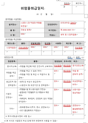 위험물 시설현황과 취급현황 및 안전점검 항목이 작성된 위험물 취급일지 예시